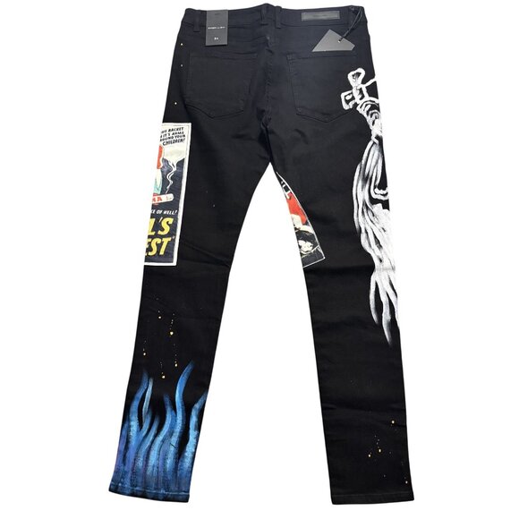 Embellish Mens Black Denim Jeans With Graphic Prints & Embroidery Size 34 - Picture 4 of 16